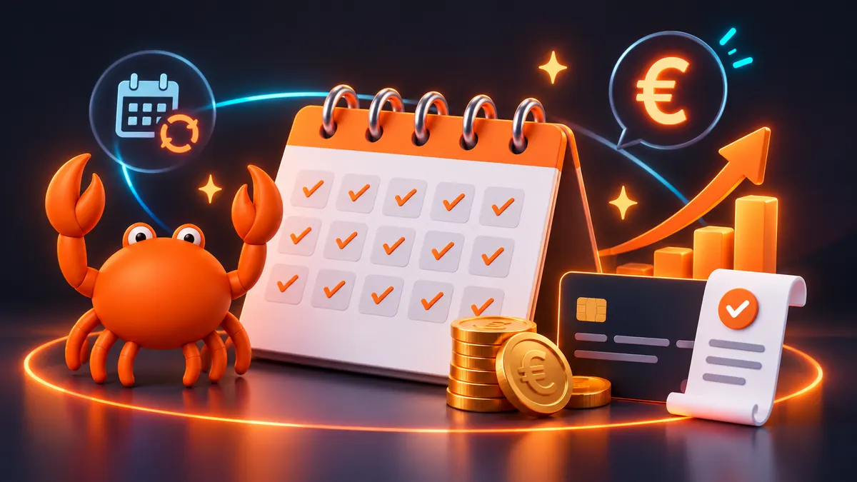 Un calendario con las cuotas mensuales marcadas, monedas, una tarjeta y una factura