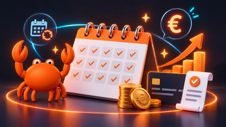 Un calendario de pagos mensuales con monedas y una factura, junto a la mascota de Mr Crab 7
