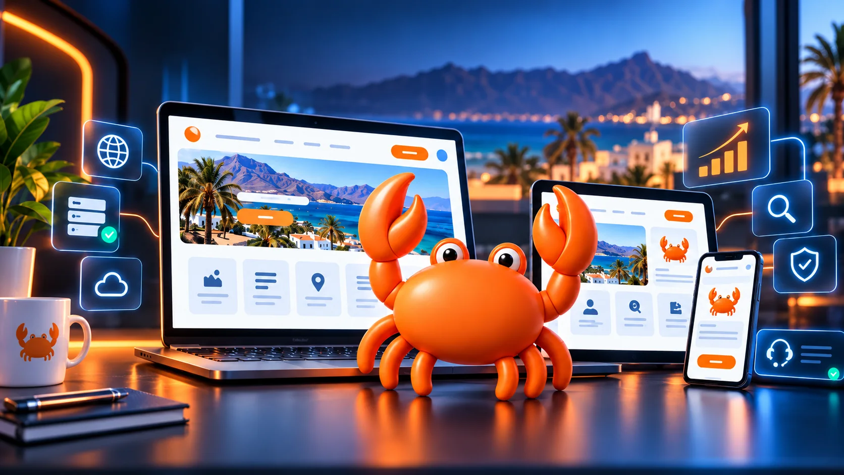 Una web de negocio de Canarias abierta en portátil, tableta y móvil, con la mascota de Mr Crab 7 delante