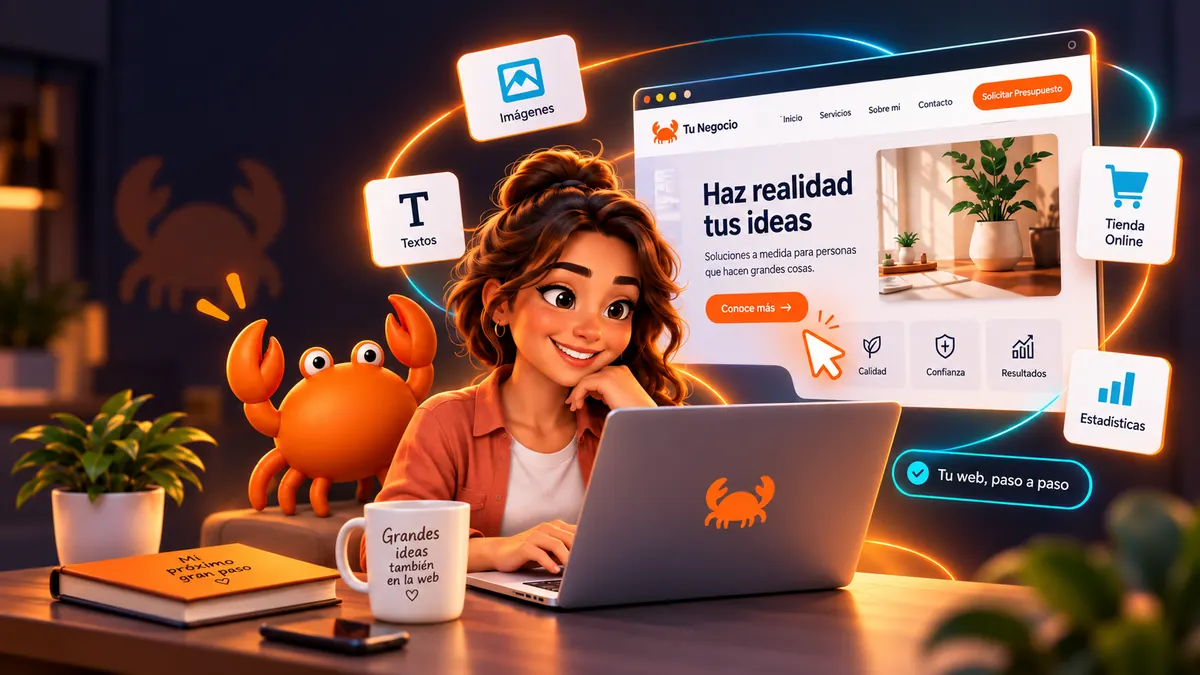 Una empresaria trabaja en el portátil mientras se monta la web de su negocio, con la mascota de Mr Crab 7 al lado
