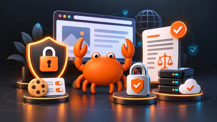Escudos, candados y un documento legal alrededor de una web, con la mascota de Mr Crab 7