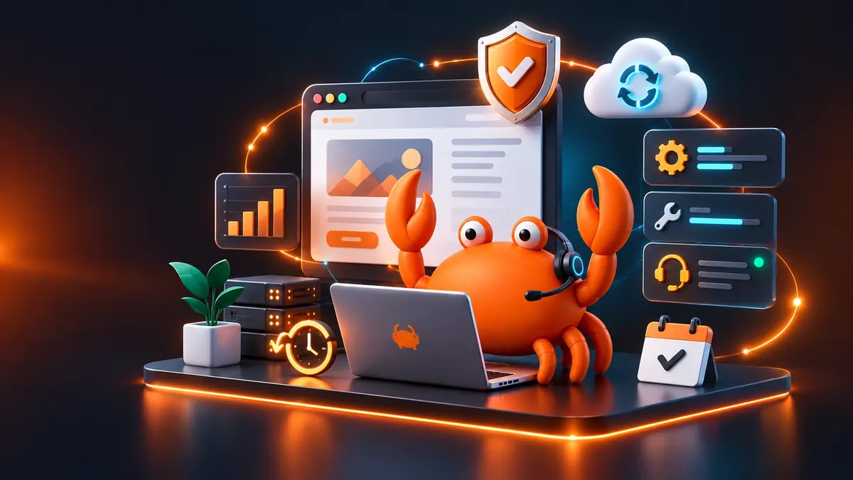 La mascota de Mr Crab 7 con auriculares atiende el mantenimiento de una web, con copias de seguridad y soporte
