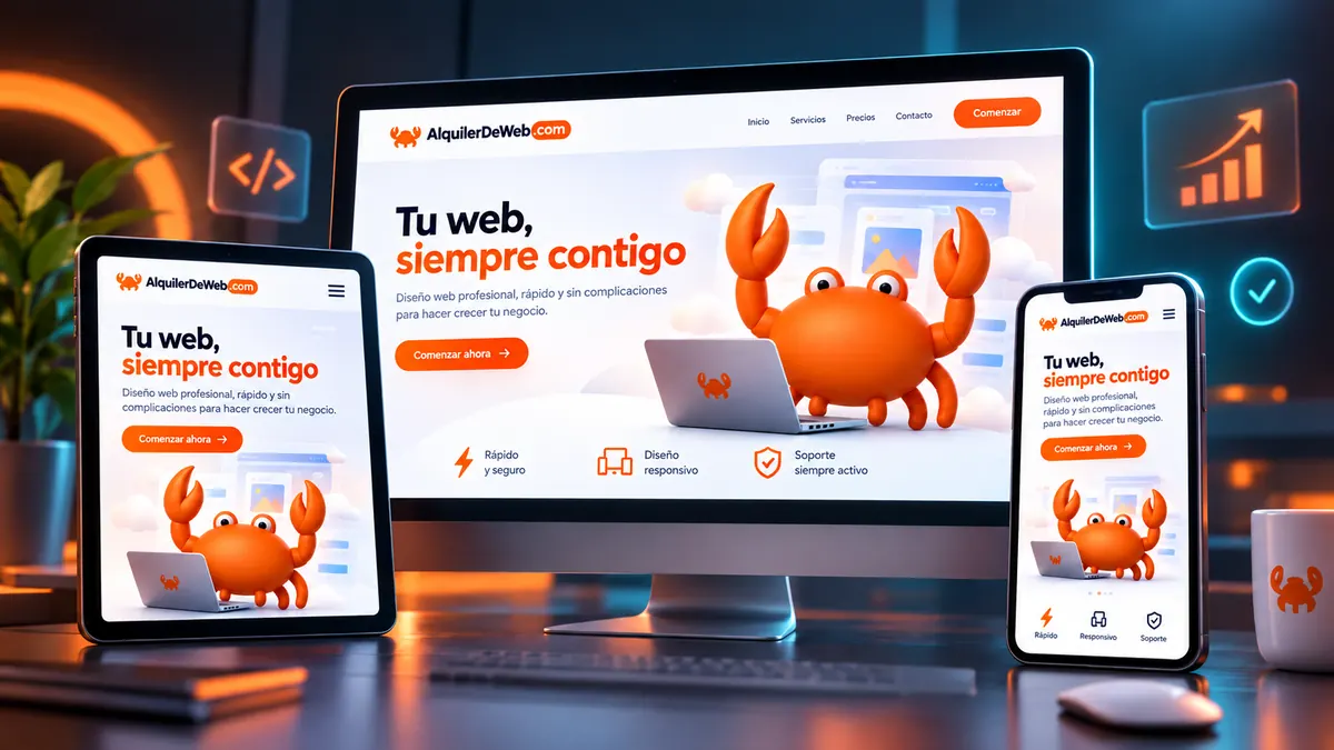 La misma web de ejemplo vista en un ordenador, una tableta y un móvil, con el logotipo de AlquilerDeWeb.com